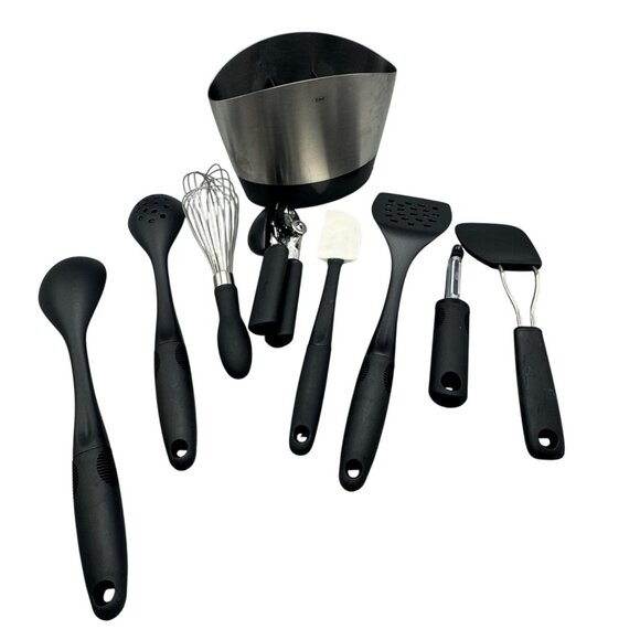9-Piece Black white Kitchen Utensil Set Stainless Steel Holder drainage READ - Picture 1 of 4